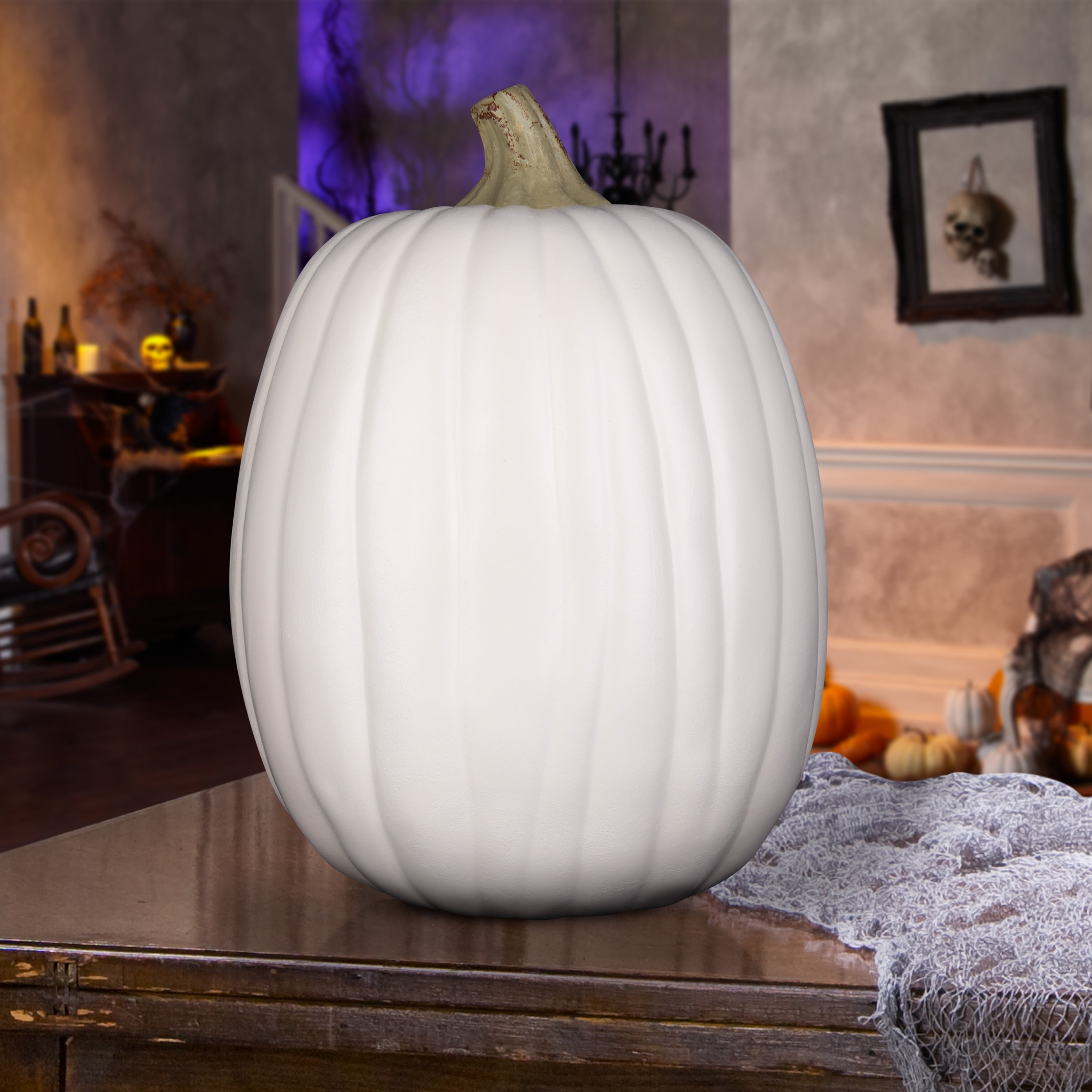 13-Inch-Tall Molded Cream White Craft Pumpkin with Natural Gold Stem for Outdoor Fall Decor