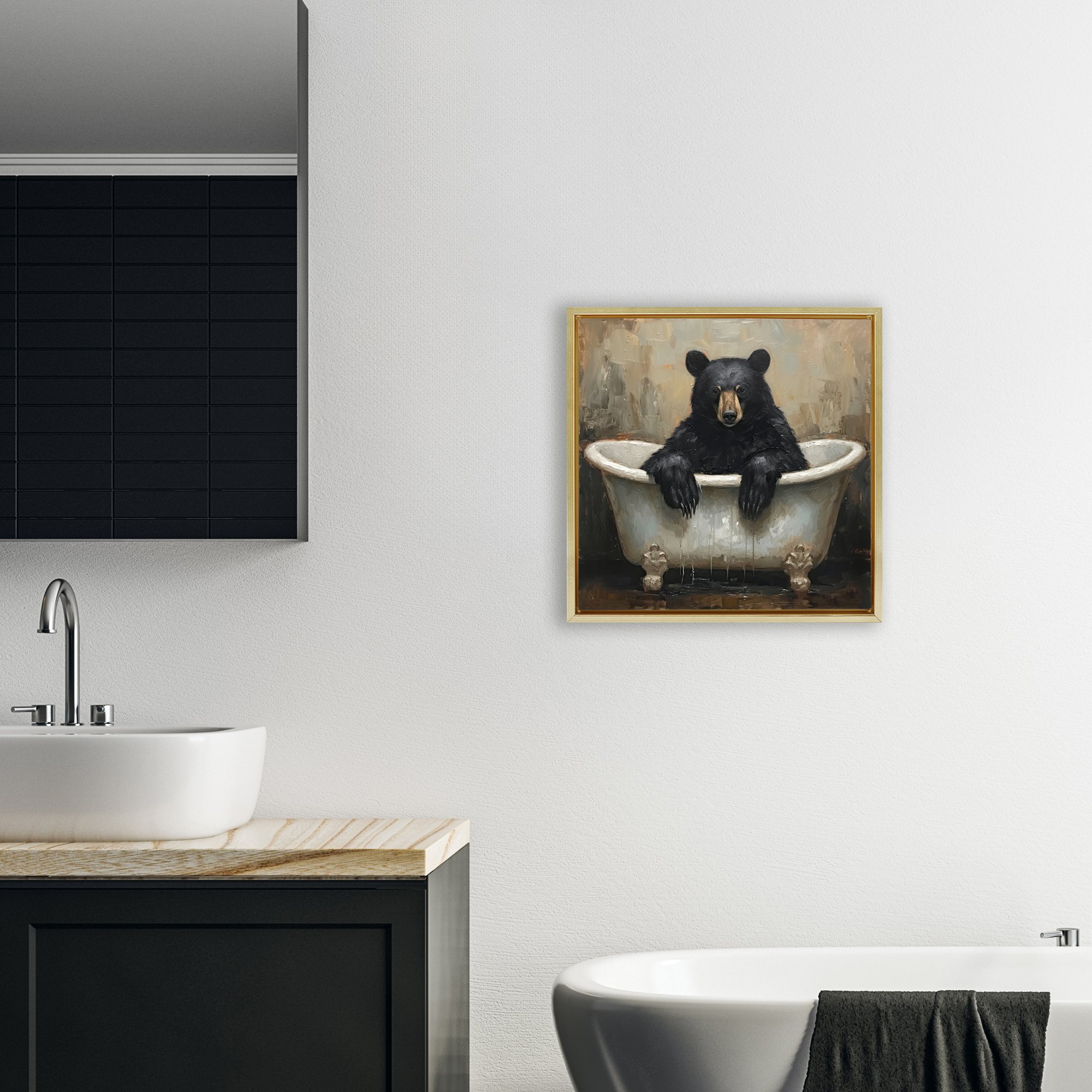 Stupell Industries Black Bear Bath Time Gold Framed Floater Canvas Wall Art, design by Tina LeCour