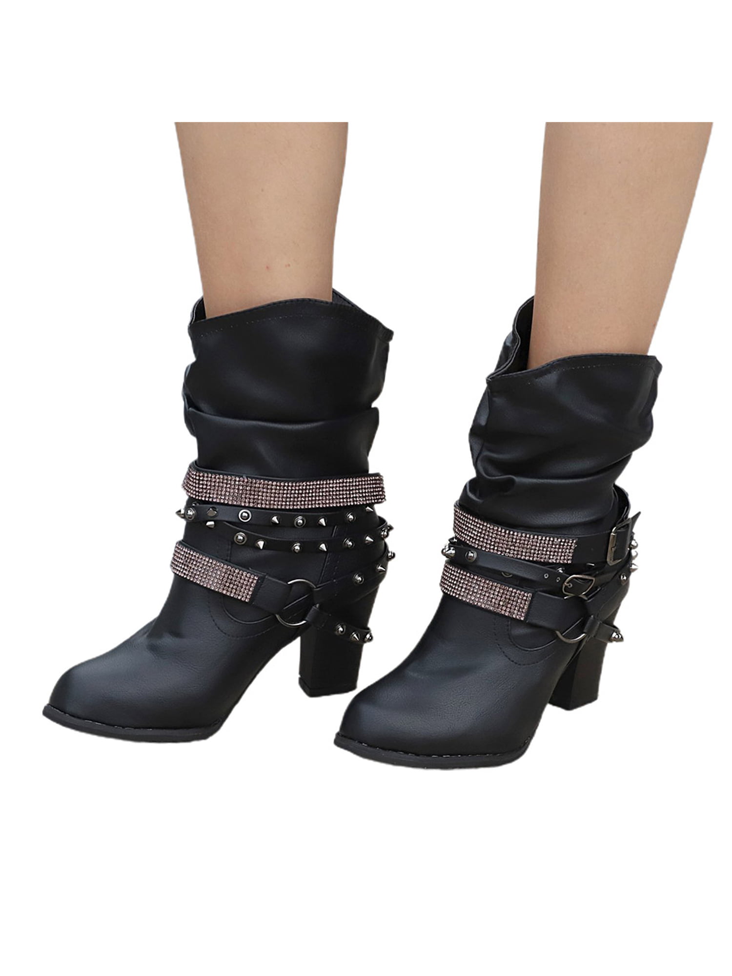 Ladies Leather Buckle Knee High Boots Thick Heels Rhinestone Rivet Slip-On Shoes