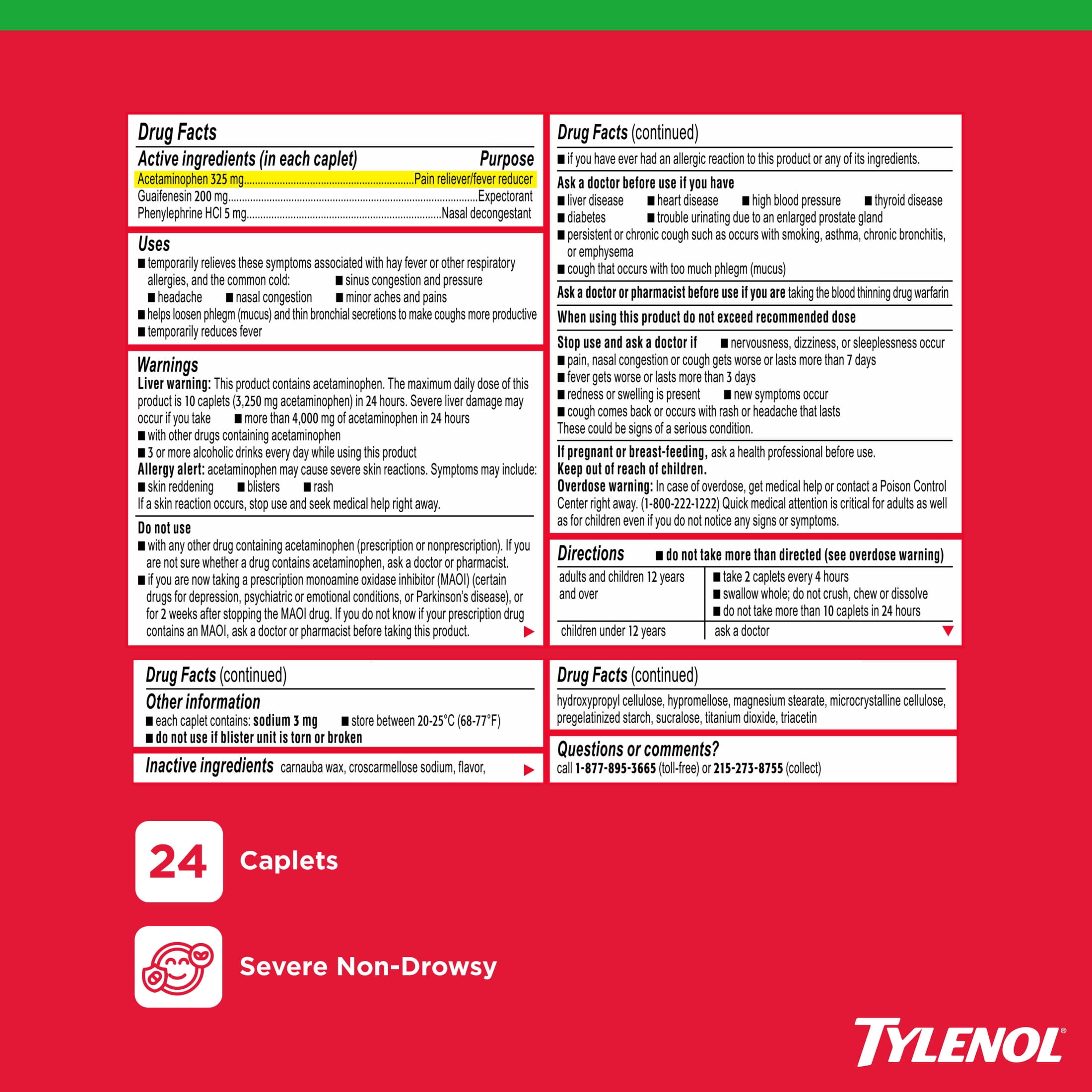 Tylenol Sinus Severe Daytime Caplets, Non-Drowsy, Pain Reliever, Decongestants for Adults, 24 Count