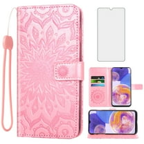 Asuwish Compatible with Samsung Galaxy A23 5G/4G Wallet Phone Case and Tempered Glass Screen Protector Flip Credit Card Holder Stand Mandala Flower Cell Cover for A 23 23A 6.6 Women Men Pink