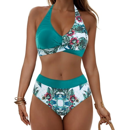 Youyipin Swimsuits For Women 2 Piece Hawaiian Tropical Print Swim Cami Bra And Ruffles Bathing Sets Beachwear