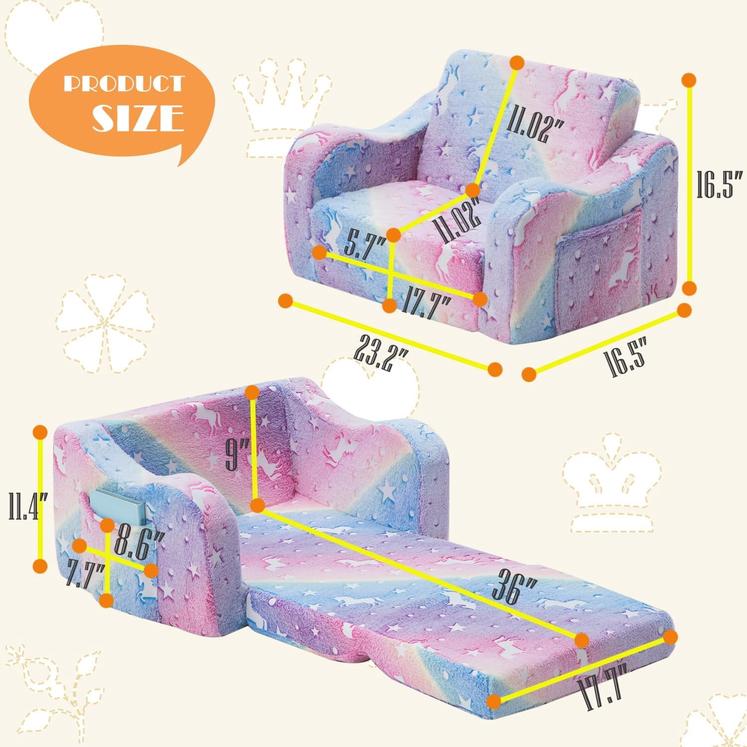 Toddler Baby Chair Couch Sofa for Kids Foldable 2-in-1 Fold Out Couch Bed Toddler Chairs Comfy for Boys & Girls Convertible Kids Furniture lounge chairs for Playroom with Double Pockets, Glowing Pink