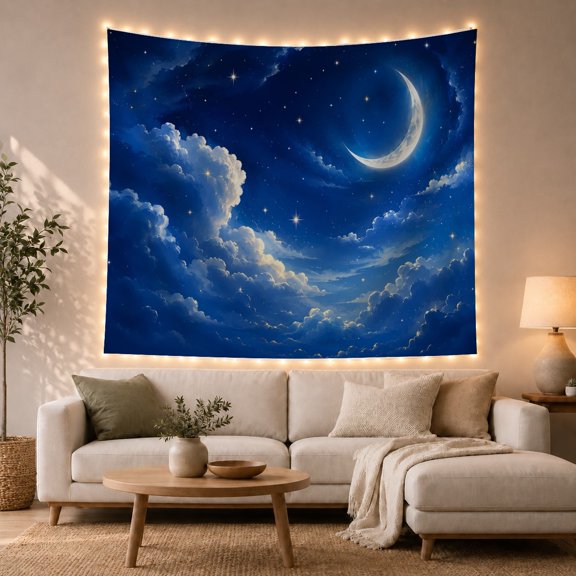 Crescent Moon and Stars Against Billowy Clouds Dreamy Celestial for Space Lovers Celestial Wall Art Decor Housewarming Gift Tapestry Wall Hanging for Bedroom and Living Room