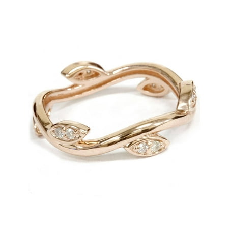- 1/8Ct Diamond Vine Vintage Antique Leaf Ring 14K Rose Gold Eternity Band