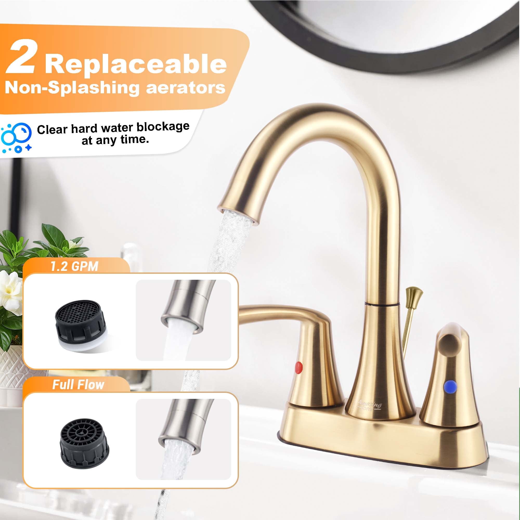 Sunrinx 4-Inch Bathroom Sink Faucet Brushed Gold 2 Handle Centerset High Arc Swivel Faucet