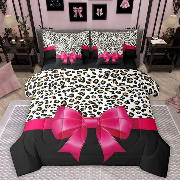 Homewish Cartoon Ribbon Bowknot 7-Piece Twin Bedding Sets For Children Teens Girls,Abstract Cheetah Print Bedding Comforter Set,Dreamy Princess Breathable Sheet Sets,Microfiber Bedroom Decor