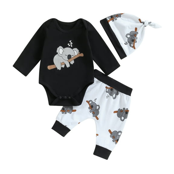 Elippeo Infant Boys Outfits 3M 6M 9M 12M 18M Koala Print Long Sleeve Crew Neck Romper Elastic Waist Long Pants Hat 3Pcs Clothes Set