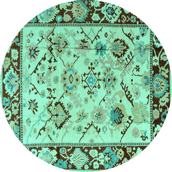 Ahgly Company Machine Washable Indoor Round Abstract Turquoise Blue Modern Area Rugs, 4' Round