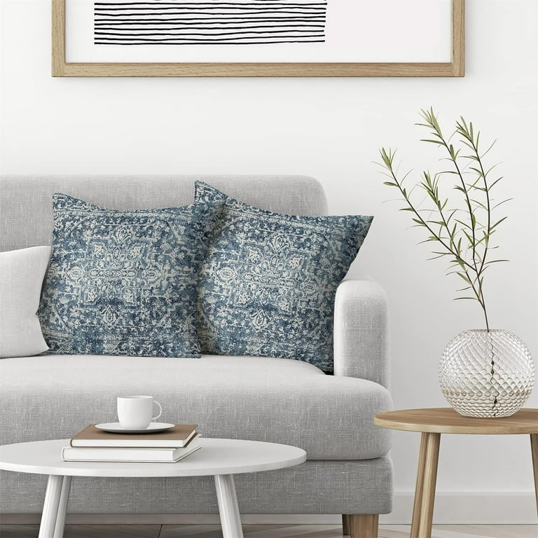 Boho Pillow Covers 18x18 Set of 2 Blue Carpet Pattern Decorative Throw Pillows Linen Ethnic Design Farmhouse Cushion Pillow Covers for Sofa Couch