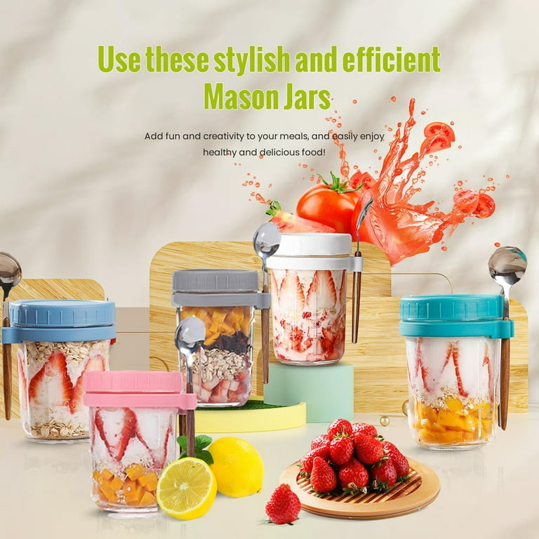 Mason Jars for Overnight Oats: 4 Pack Overnight Oats Containers with Lids and Spoons - 16 oz Glass Food Storage Containers for Milk, Cereal, Fruit 