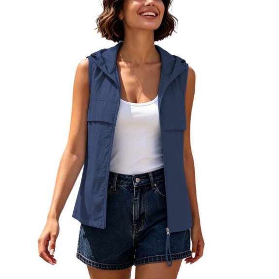 Cekizud Womens Vest Solid Color Lightweight Quick Dry Outdoor Casual Zip Up Hooded Sleeveless Vest Jacket Coat, S-3XL