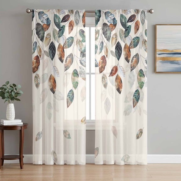 Teal Brown Botanical Sheer Curtains 84 Inch Length 2 Panels Set, Pastoral Fall Weeping Maple Leaf Voile Window Treatment Rod Pocket Curtains Sheers Drapes for Bedroom/Living Room/Kitchen 52"x84"x2