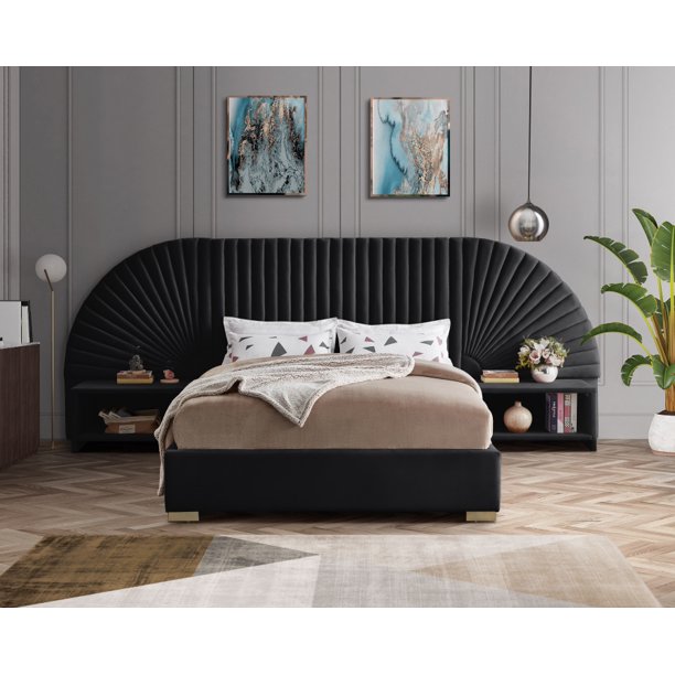 3pc Queen Size Bed Bedroom Furniture Black Velvet Fabric Removable