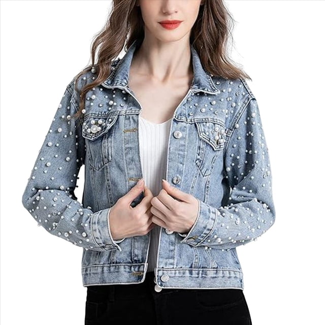 Chaqueta Vaquera con Perlas para Mujer, Chaqueta Vaquera Corta con Diamantes de Imitación, Abrigo Azul XXL