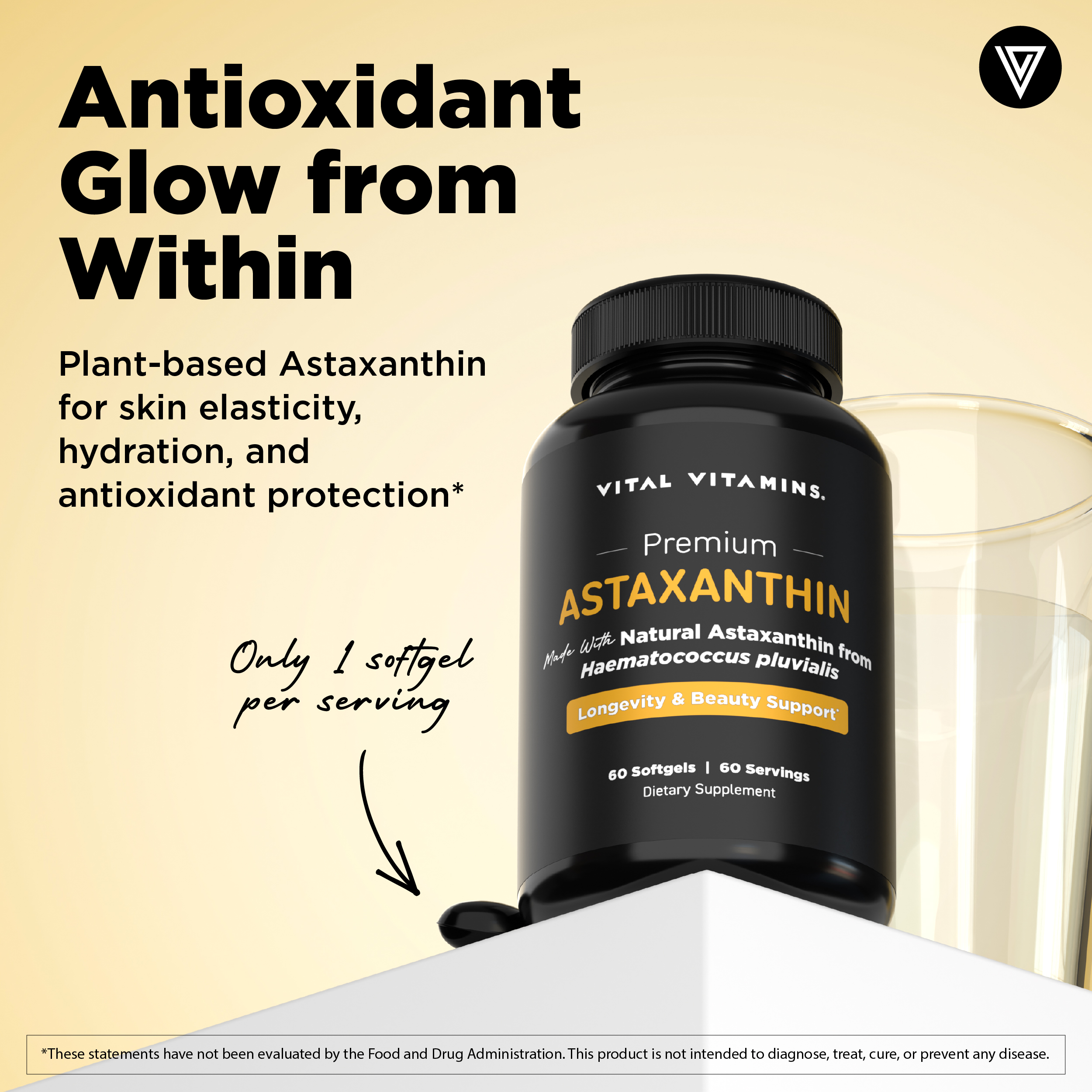 Vital Vitamins Astaxanthin 12mg Softgels - Made with Natural Astaxanthin - Supplement to Promote Skin Hydration, Elasticity - Defends Cells Against Daily Damage - Vegan - 60 Soft Gels