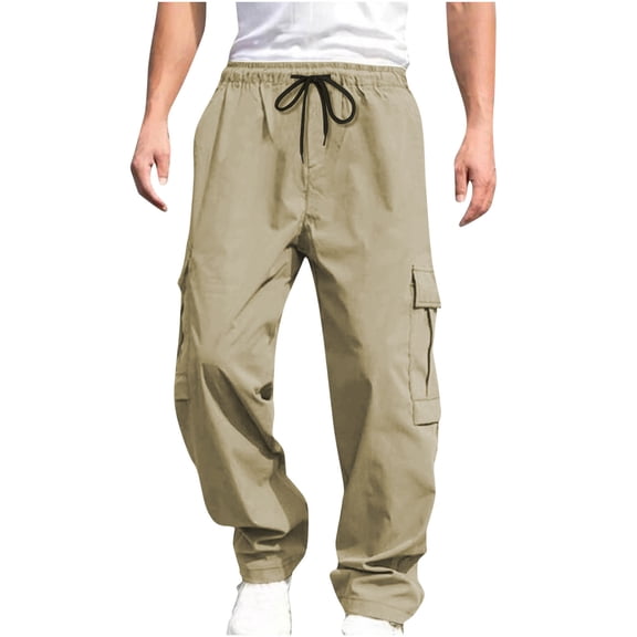 HOOMEUMY Men's Cargo Pants Loose Fit Drawstring Elastic Waist Trousers Comfortable Multi Pockets Outdoor Hiking Sport Jogging Work Pants Khaki XXL