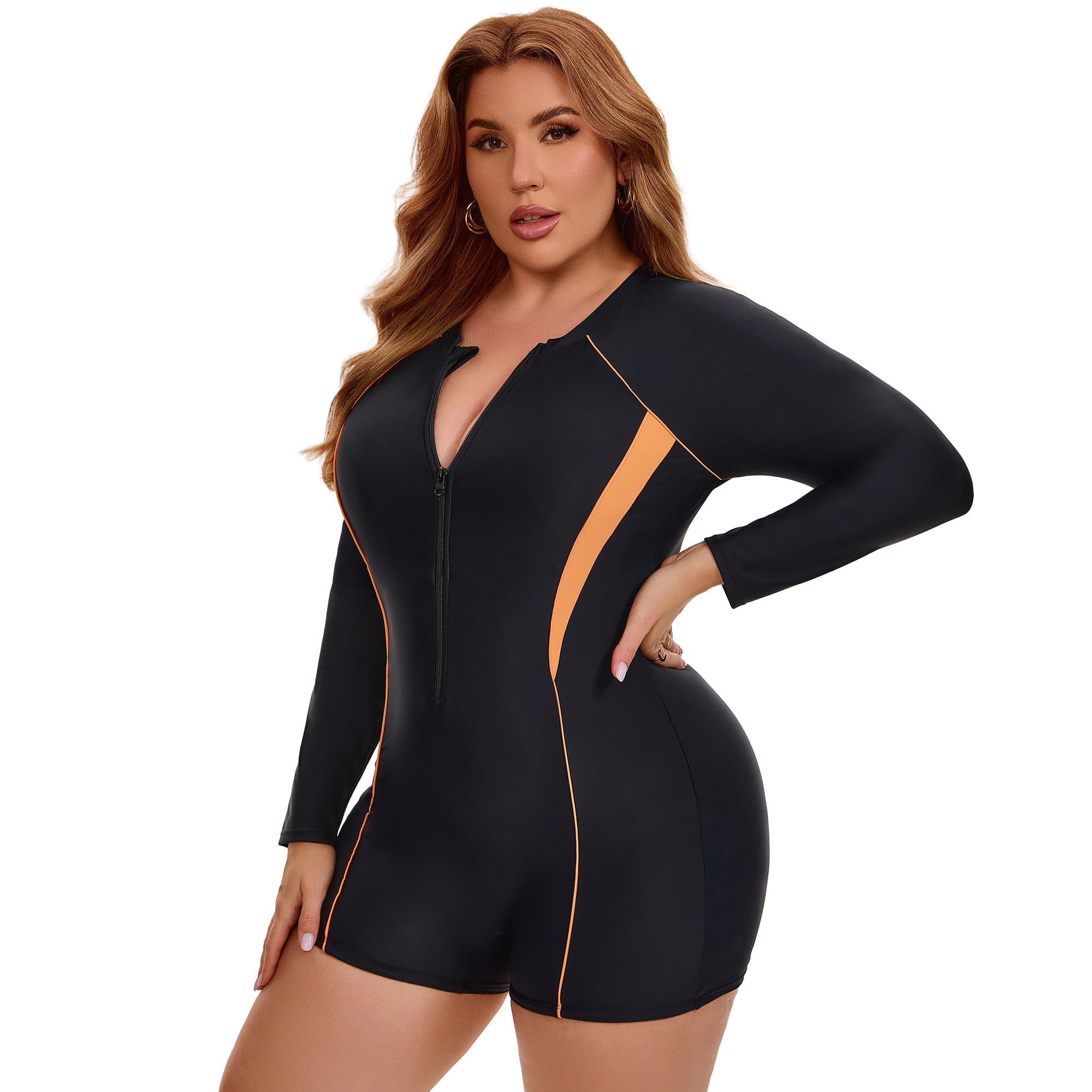 DARING DIVA Women's Plus Long Sleeve Surfing Bathing 1 Suit 2X Black Orange