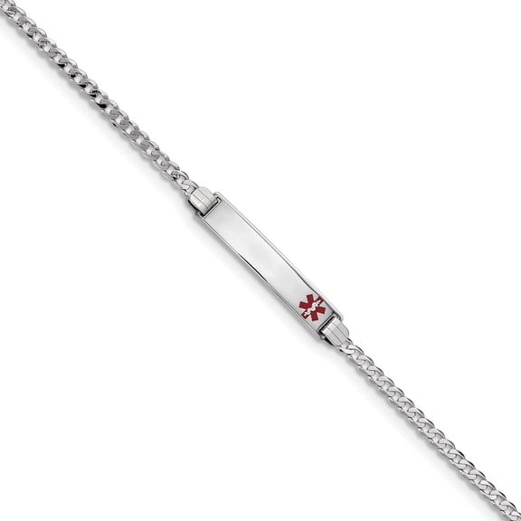 14K White Gold Medical Red Enamel Flat Curb Link ID Bracelet