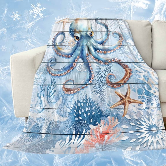 Coastal Octopus Cooling Blanket,Lightweight Breathable Summer Throw Blanket with Double Sided Cold Effect,Nautical Sea Starfish Coral Wooden Grain Picnic Blankets Bed Sheet for Hot Sleepers 30"x40"