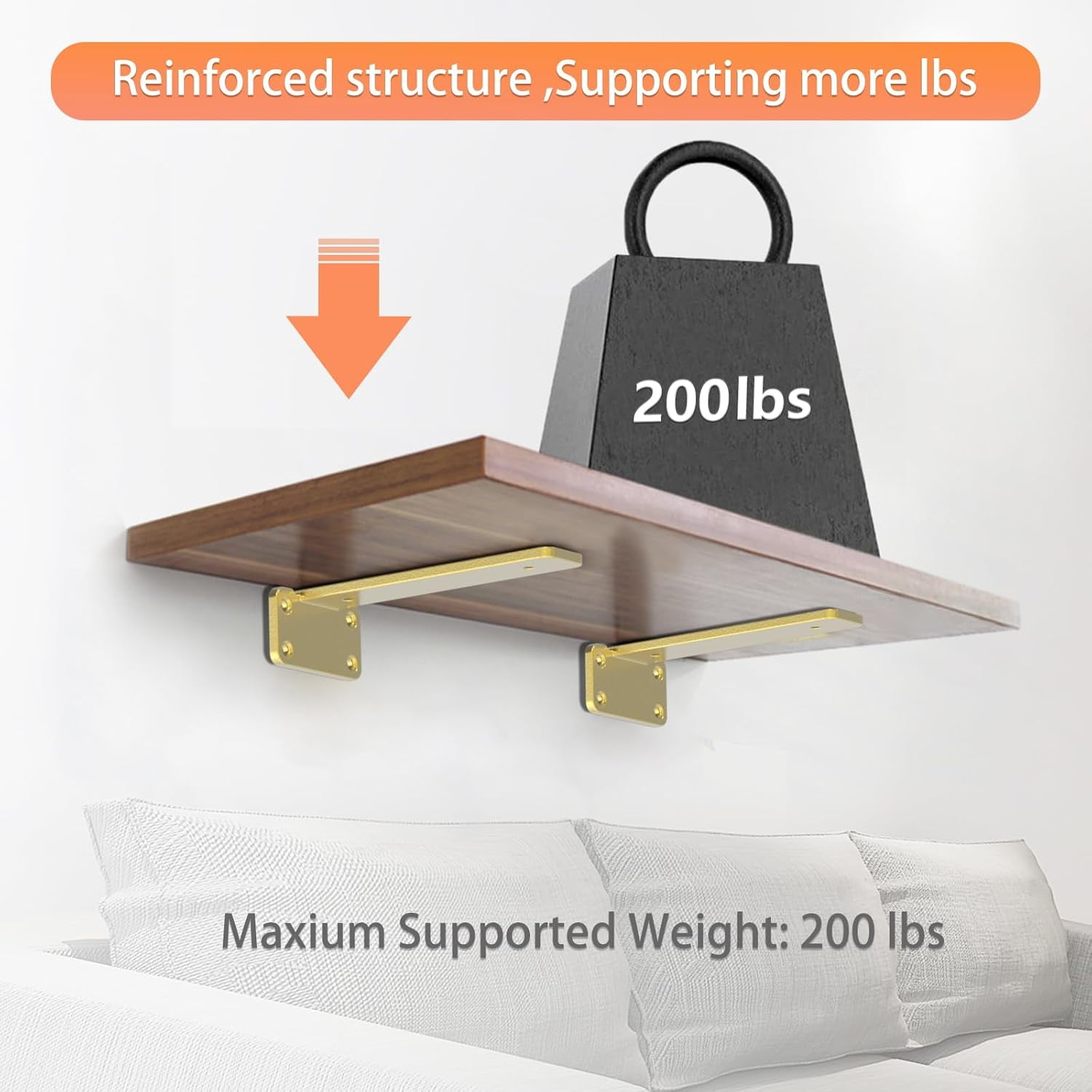 Floating Shelf Brackets Upgraded,4 inch, Gold Heavy Duty Iron Shelf Brackets, Industrial Modern Floating Shelf Support for Wall Mount Shelves,Wide Brackets ,4 Pack, Support DIY