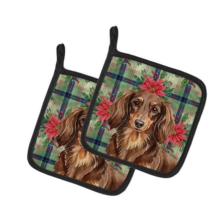 Carolines Treasures WDK8596PTHD Unisex Adult Longhaired Chocolate & Tan Dachshund Christmas Poinsettias Pot Holders - 7.5 x 7.5 in. - Set of 2