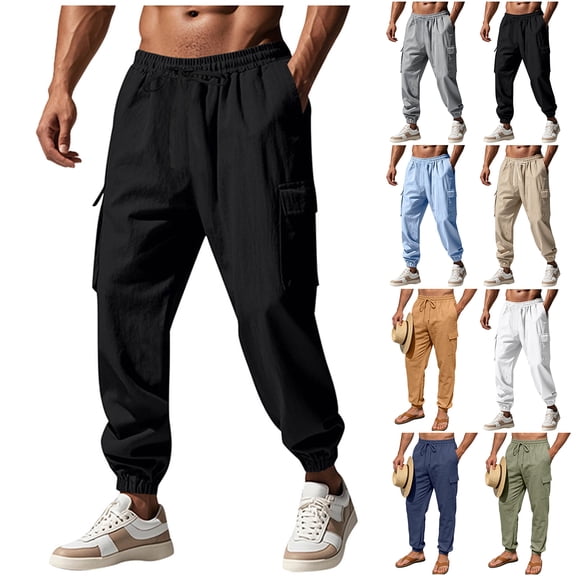 Havenre Linen Cargo Pants for Men Lightweight Casual Summer Drawstring Elastic Waist Clinch Bottom Pants Straight Leg Relaxed Fit Beach Yoga Travel Lounge Trousers with Mulit-Pockets Khaki XXXL