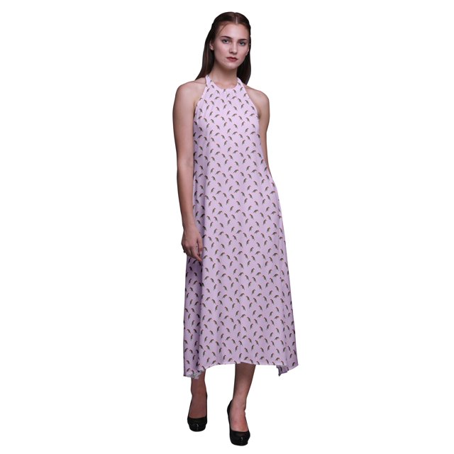 Bimba Bird Printed Women Backless Halter Neck Summer Holiday BeachDress-XXX-Large