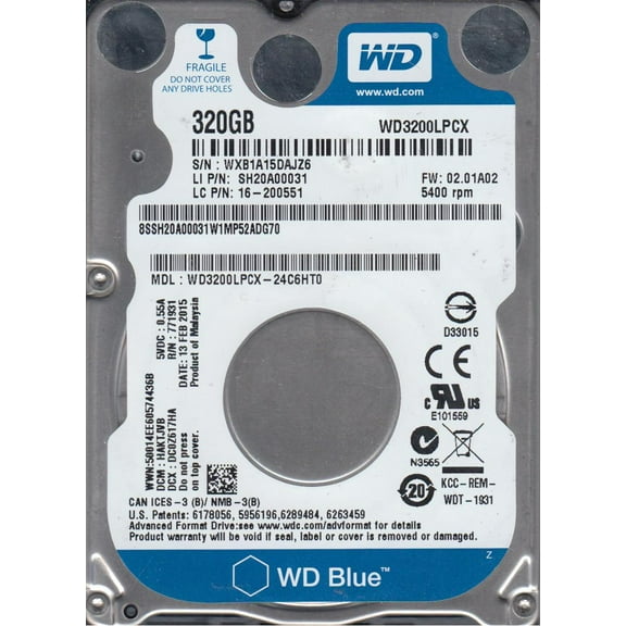 WD3200LPCX-24C6HT0, DCM HAKTJVB, Western Digital 320GB SATA 2.5 Hard Drive
