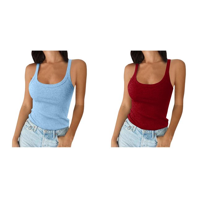 2 Pack(Light Blue 1PCS & Wine 1PCS) 40 Birthday Tops for Women Multipack Women Spaghetti Strap Neck Ribbed Tank Tops Slim Fitted Camisole Basic Sleeveless Layering Shirts
