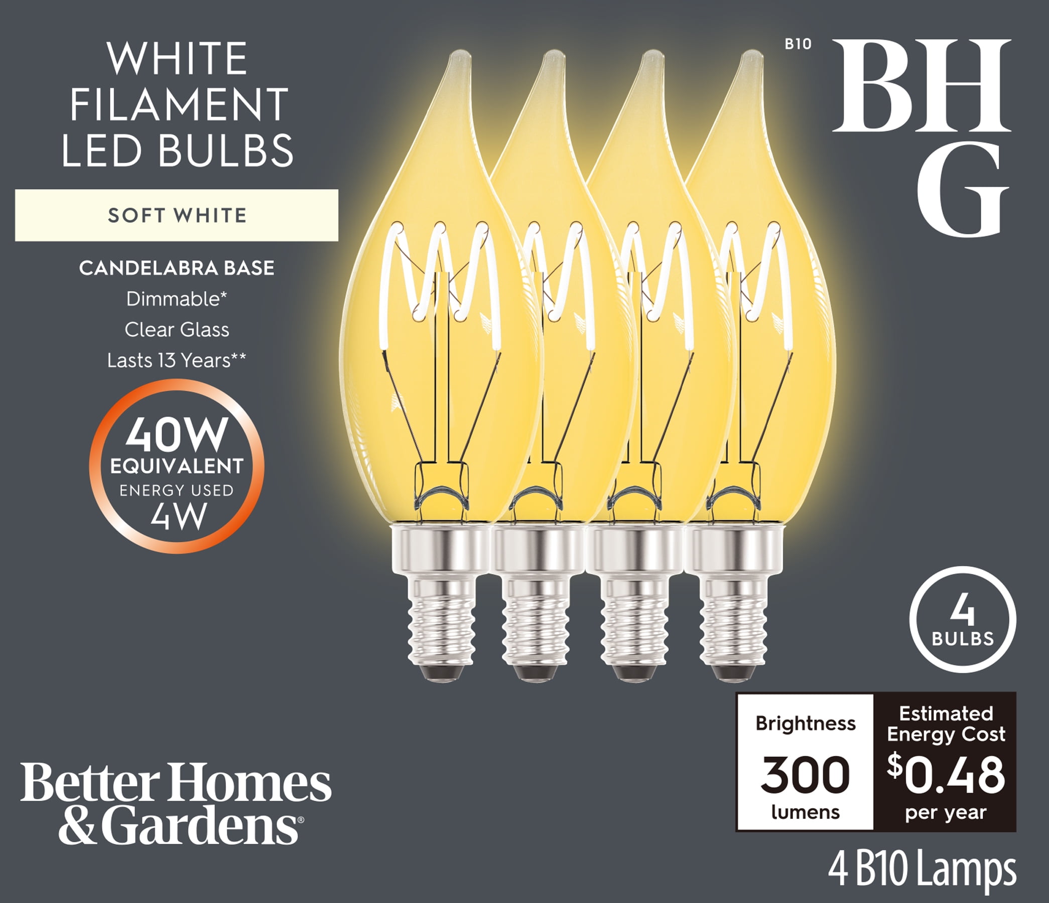(2 pack) Better Homes & Gardens 4W (40W Equivalent) Soft White Dimmable CA10 White Filament Light Bulbs E12 Base 2 Pack