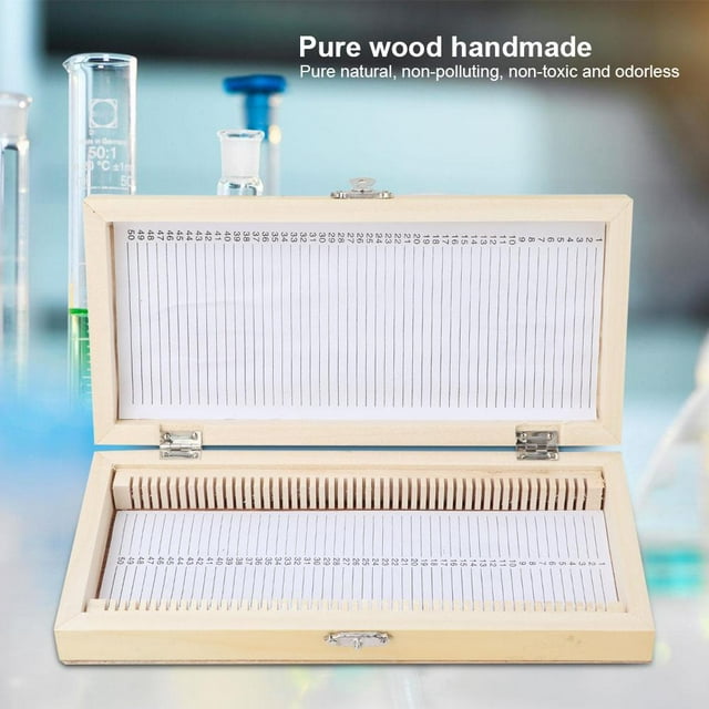 LHCER Prepared Slide Box, Biological Prepared Slide Case,50PCS Biology Glass Prepared Microscope Slides Specimens Wooden Slide Storage Box Case
