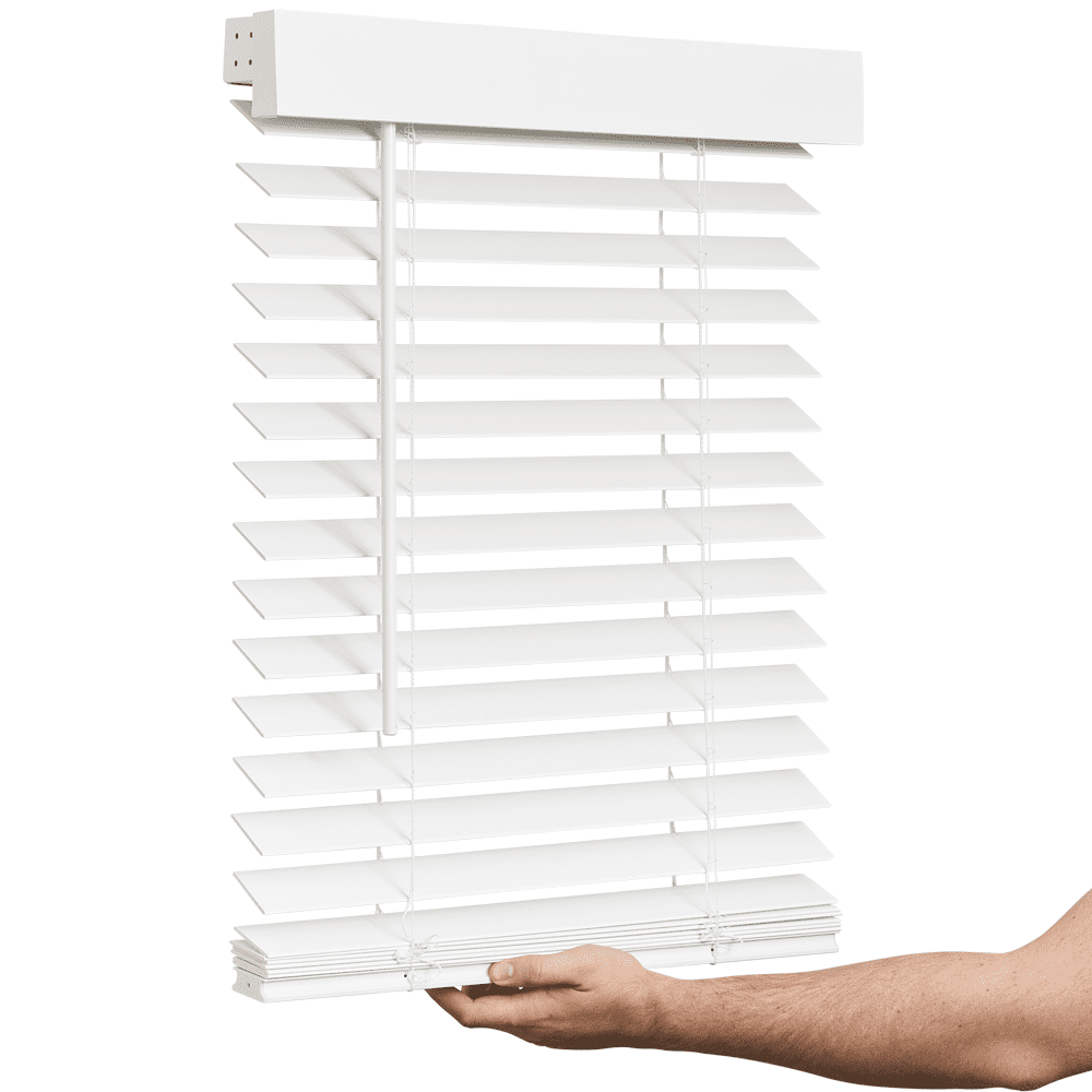 Lotus & Windoware Cordless Faux Wood Blind, Smooth, Bright White, Privacy Slats, Blinds for Indoor Windows, 65" Wide x 60" Long