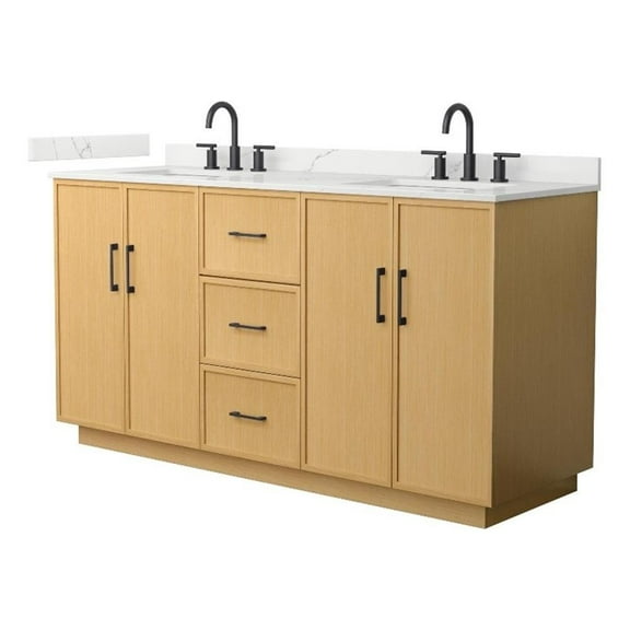 Elan TK 66" Light Oak Double Vanity Giotto Quartz Top (3-Hole) & Black Trim