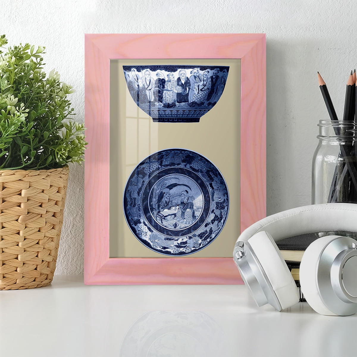 Porcelain in Blue and White II -Framed Print w/glass-Sunset Pink