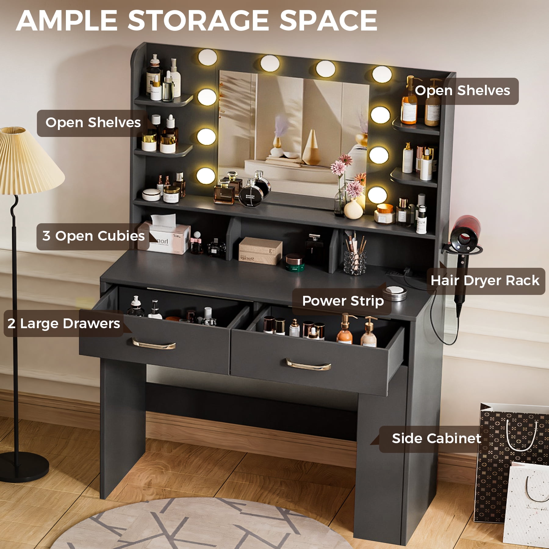 COMHOMA Black Vanity Desk with Mirror and Lights, Hairdryer Holder, 5 Drawers, Bedroom Dresser Table for You