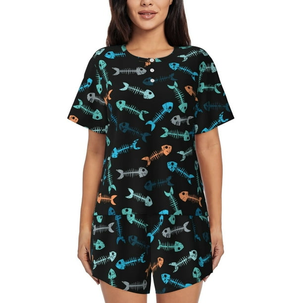 Fotbe Little Fish Skeleton Conjunto de Pijama Estampado para Mujer, 2 Piezas, Ropa de Dormir con Camiseta de Manga Corta y Shorts Suaves-3X-Large