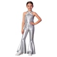 thumbnail image 2 of Xnihocha Kids Girls Metallic Dance Outfit Sleeveless Fringe Jumpsuit Flare Bell Bottom Pants 70s Disco Party Overalls Silver 10, 2 of 6