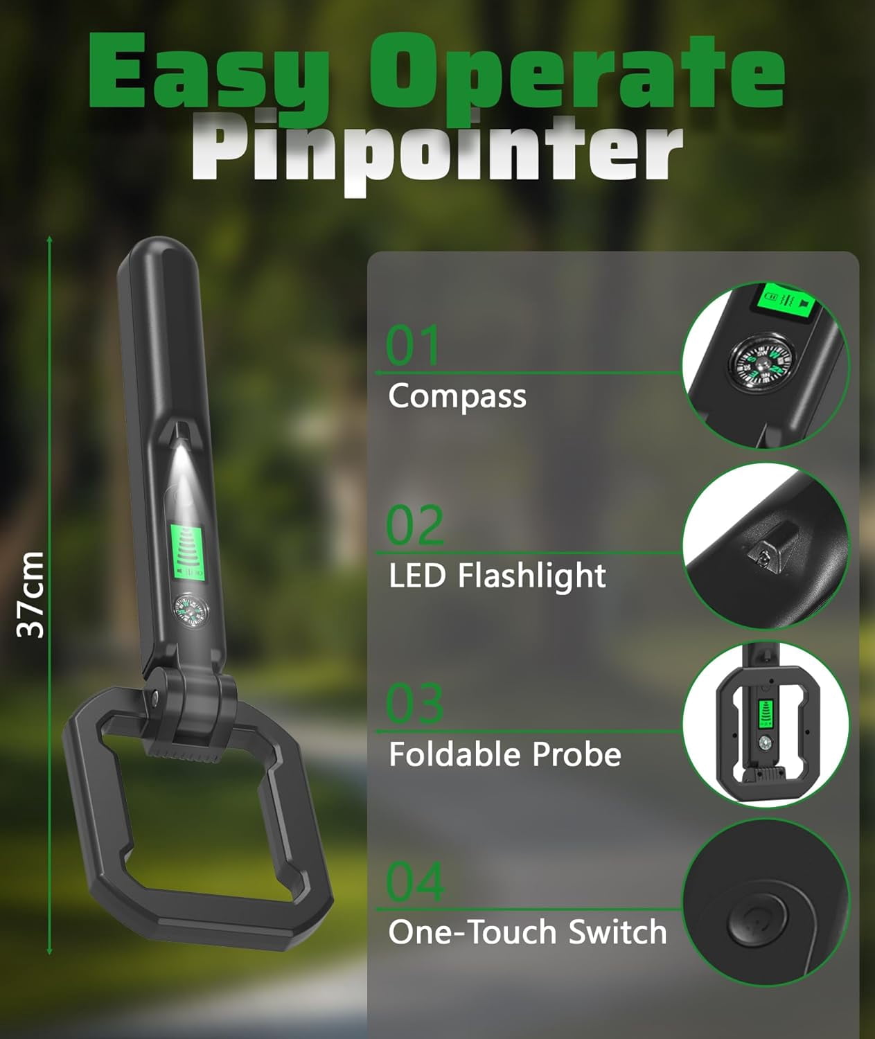 CSONGAZA Foldable Handheld Metal Detector - IP66 Waterproof, Kids & Adults Lightweight Portable 360° Detection Tool with LCD Display, Compass & LED Light