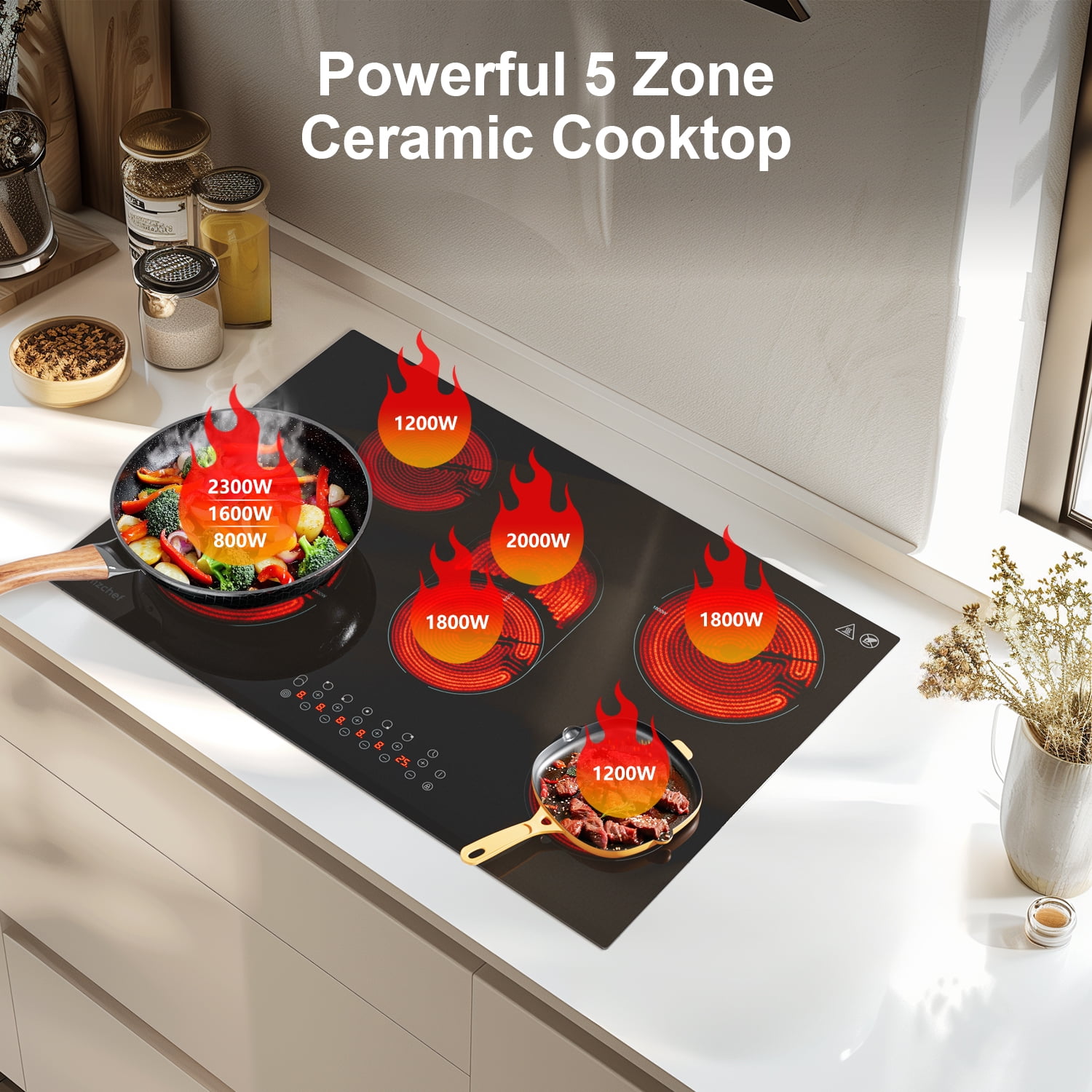 Powerful 8500W 5 Burner Cooktop, Sunmaki 30" Built-in Electric Stove with Touch Sensor Control