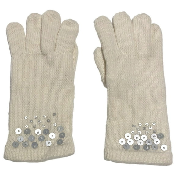 Womens Off White & Silver Sequin Knit Gloves