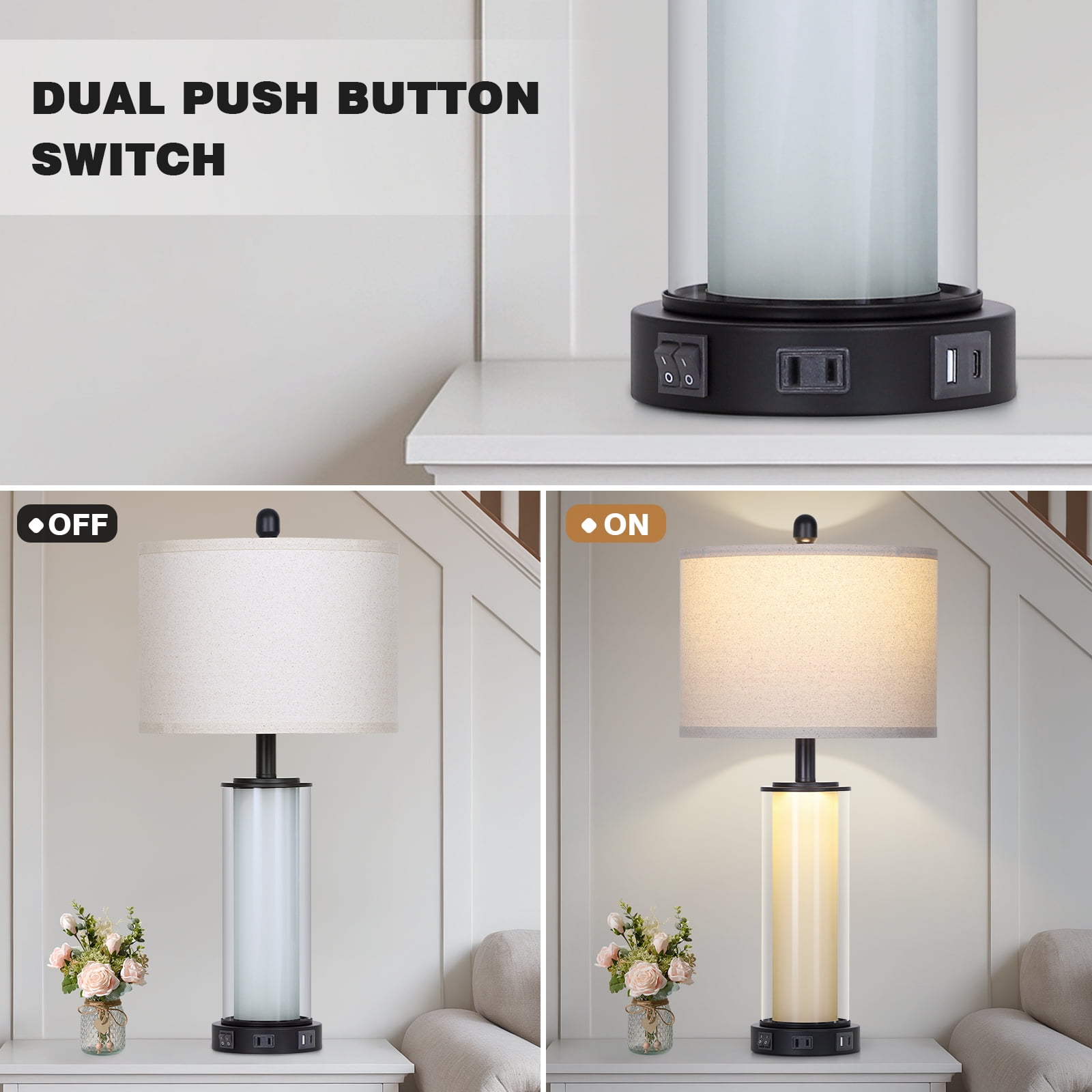 Lolikit Table Lamp Set of 2 Modern Nightstand Bedside Lamps for Bedroom Living Room with USB A+C Ports & AC Outlet,Bulbs Included