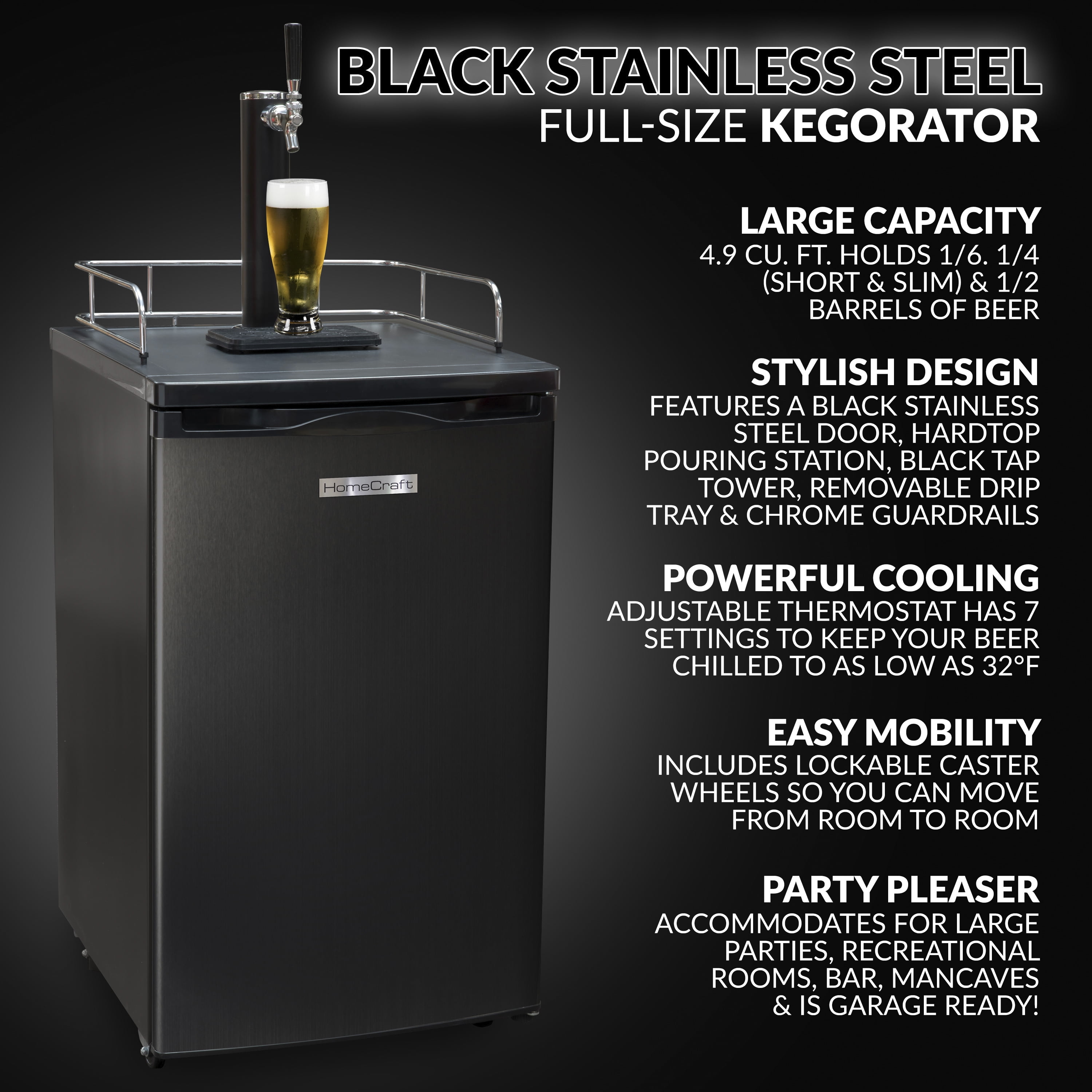 HomeCraft BK49BS 4.9 Cu. Ft. Black Stainless Steel Full-Size Kegorator Draft Beer Dispenser & Beer Cooler