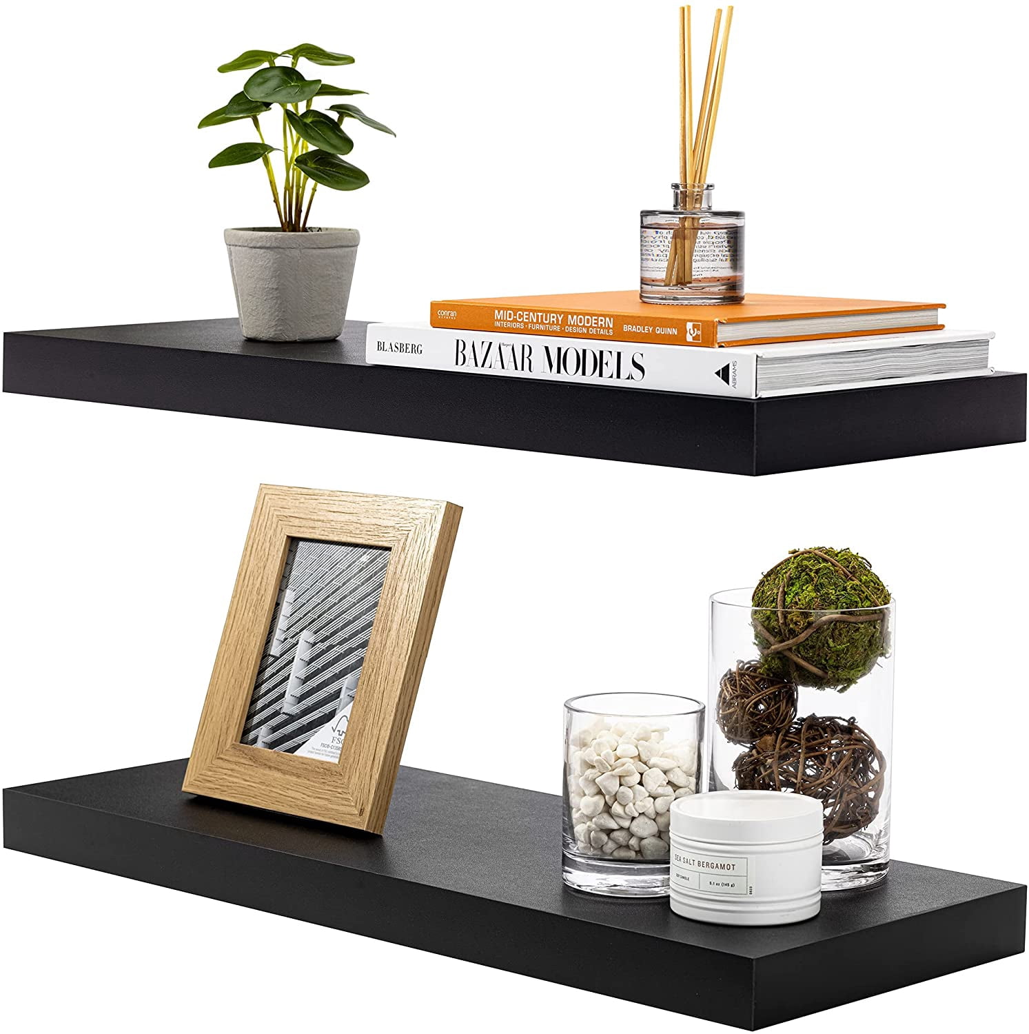 CHTER Floating Shelves for Wall - 24" Bathroom Shelves, Wall Decor for Bedroom, Kitchen, Living Room, Home Decor & Book Storage - Mounted Floating Shelf with Invisible Brackets (Black, 2 Pack)