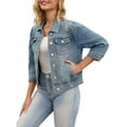 thumbnail image 4 of INSPIRE CHIC Women's Coat Jean Flat Collar Button Down 3/4 Sleeve Washed Cropped Denim Jacket S Light Blue, 4 of 6