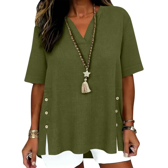 LEKWK Womens Linen Top Side Button Split V Neck Tunic Tops Short Sleeve Casual Tops Loose Fit Solid Daily Weekend Outfits