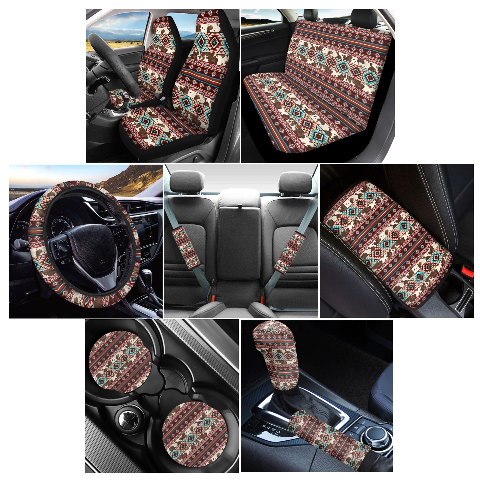Renewold American Tribal Brown Cow Print Red Car Seat Covers with Steering Wheel Cover and Seat Belt Pad Armrest Pad Handbrake Cover Gear Shift Cover Cup Coaster Holder Seat Cover, Pack of 12