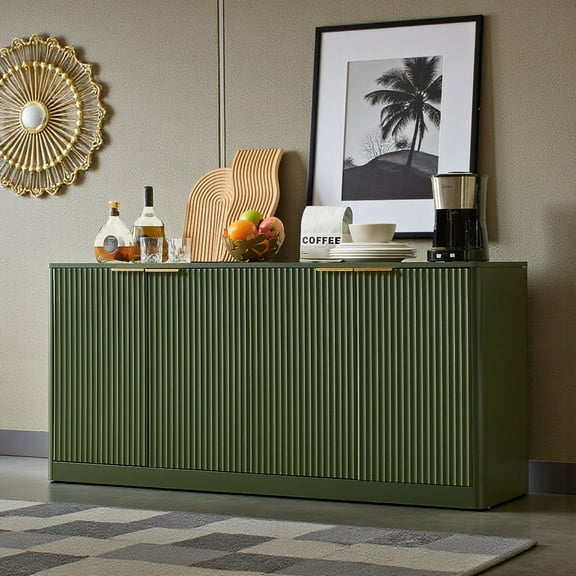 GZXS Modern 59 Inch TV Stand Sideboard, 4-Door Fluted Accent Cabinet with Golden Metal Handles, Large Storage Media Console for Living Room, Entryway or Kitchen, Green
