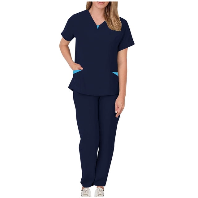 Protective Suit for Women, Short Sleeve V-Neck Top and Drawstring Pocket Pants Set, Polyester, All-Season, Regular Length, for Healthcare Workers and Caregivers