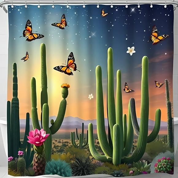 Vibrant Sunset Desert Shower Curtain with Saguaro Cacti & Butterflies - Calming Decor